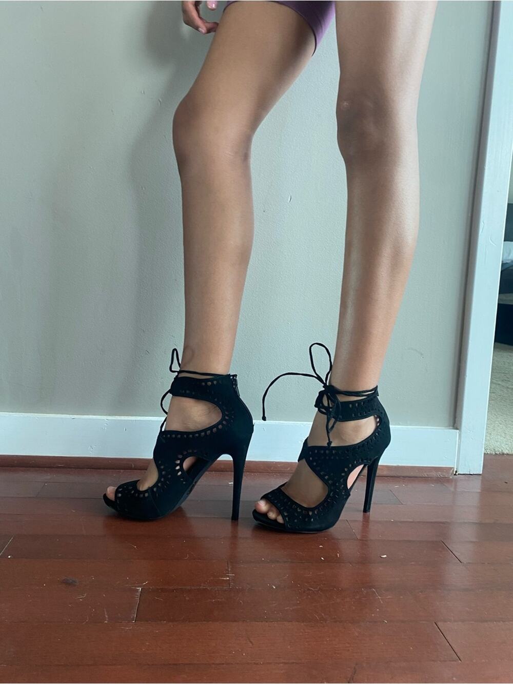 JustFab Black Suede Lace-Up Cutout High Heels